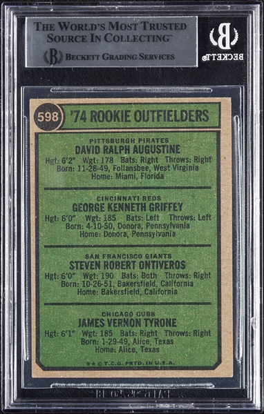 Complete Signed 1974 Topps Rookie Outfielders with Ken Griffey, Augustine, Ontiveros & Tyrone RC No. 598 (BAS)