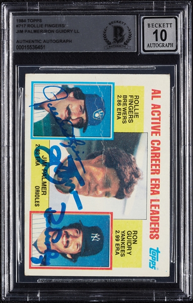 Complete Signed 1984 Topps AL ERA Leaders with Rollie Fingers, Jim Palmer & Guidry No. 717 (Graded BAS 10)