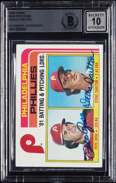 Pete Rose & Steve Carlton Signed 1982 Topps Phillies Leaders No. 636 (Graded BAS 10)