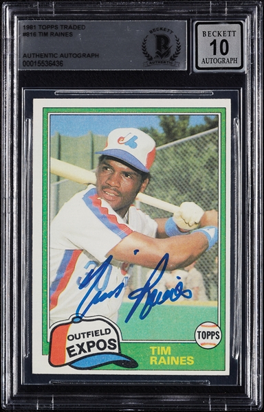 Tim Raines Signed 1981 Topps Traded RC No. 816 (Graded BAS 10)