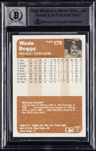 Wade Boggs Signed 1983 Fleer RC No. 179 (Graded BAS 10)