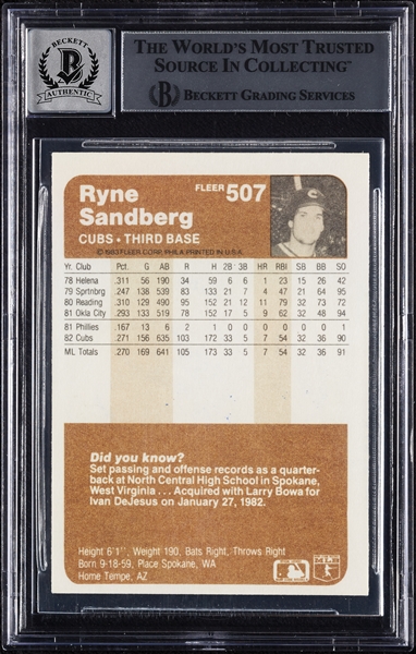 Ryne Sandberg Signed 1983 Fleer RC No. 507 (Graded BAS 10)