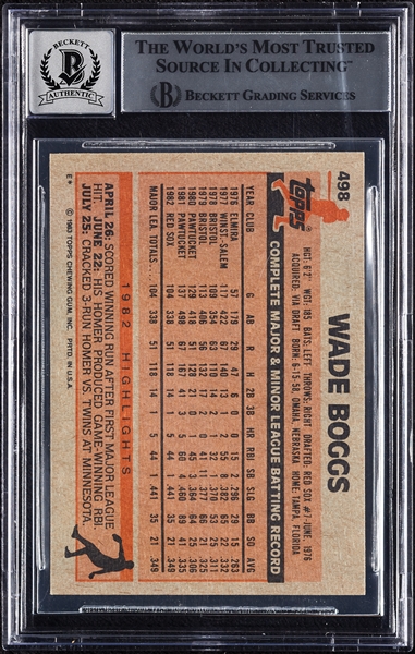 Wade Boggs Signed 1983 Topps RC No. 498 (Graded BAS 10)