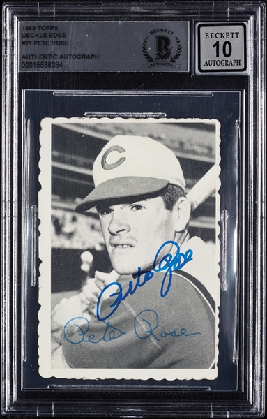 Pete Rose Signed 1969 Topps Deckle Edge No. 21 (Graded BAS 10)