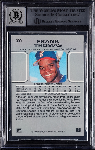 Frank Thomas Signed 1990 Leaf RC No. 300 (Graded BAS 10)