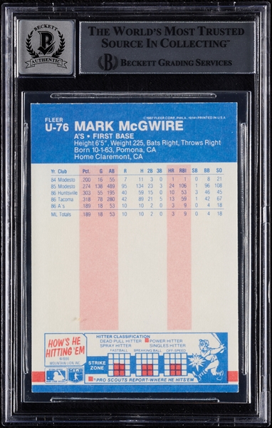 Mark McGwire Signed 1987 Fleer Update No. U76 (Graded BAS 10)