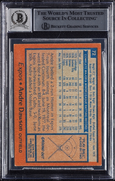 Andre Dawson Signed 1978 Topps No. 72 (Graded BAS 10)