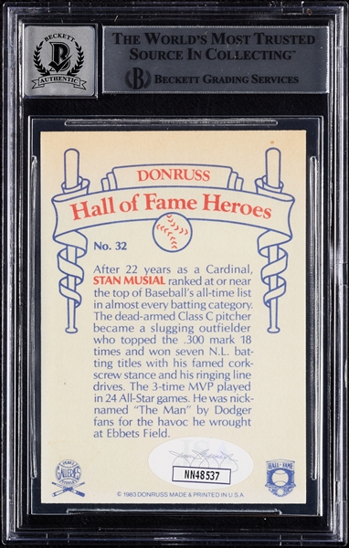 Stan Musial Signed 1983 Donruss HOF Heroes No. 32 (Graded BAS 10)