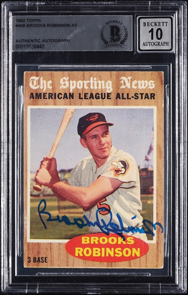 Brooks Robinson Signed 1962 Topps All-Star No. 468 (Graded BAS 10)