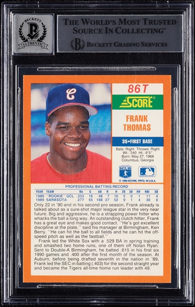 Frank Thomas Signed 1990 Score Rookie/Traded RC No. 86T (Graded BAS 10)