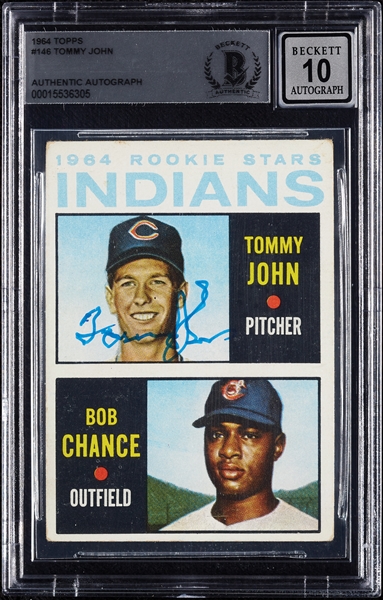 Tommy John Signed 1964 Topps Indians Rookie Stars RC No. 146 (Graded BAS 10)