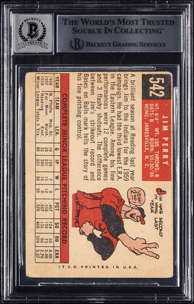 Jim Perry Signed 1959 Topps RC No. 542 (Graded BAS 10)