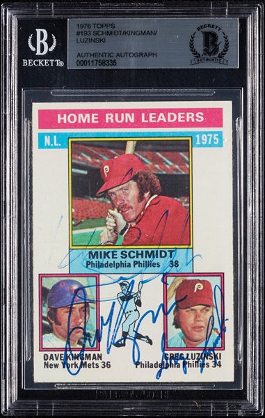 Complete Signed 1976 Topps Home Run Leaders with Mike Schmidt, Dave Kingman & Greg Luzinski No. 193 (BAS)