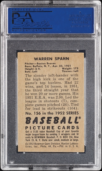 Warren Spahn Signed 1952 Bowman No. 156 (PSA/DNA)
