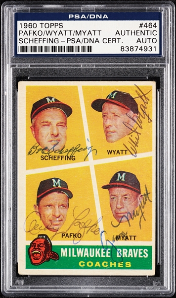 Complete Signed 1960 Topps Braves Coaches with Pafko, Scheffing, Wyatt & Myatt No. 463 (PSA/DNA)