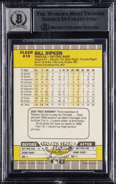 Billy Ripken Signed 1989 Fleer FF Error No. 161A (Graded BAS 10)