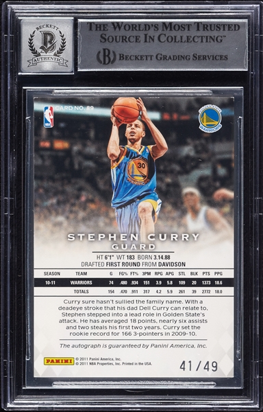 Stephen Curry Signed 2011 Panini Preferred No. 89 (41/49) (Graded BAS 10)