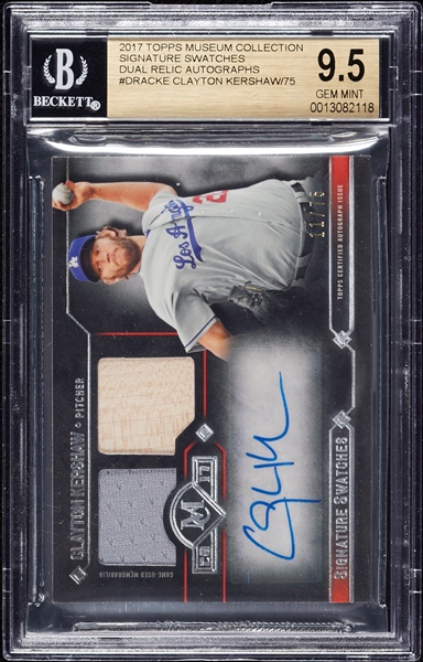 Clayton Kershaw Signed 2017 Topps Museum Collection Signature Swatches Dual Relic Autos (11/75) BGS 9.5 (AUTO 9)