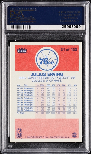 Julius Erving Signed 1986 Fleer No. 31 (PSA/DNA)
