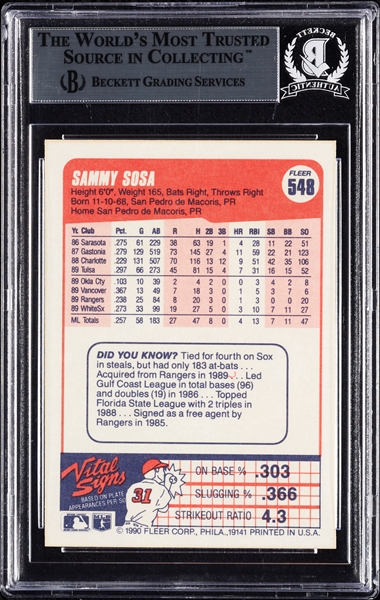 Sammy Sosa Signed 1990 Fleer RC No. 548 (BAS)
