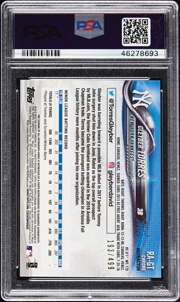 Gleyber Torres Signed 2018 Topps Chrome Rookie Auto Refractors RC (193/499) PSA 10