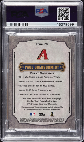 Paul Goldschmidt Signed 2012 Topps Five Star Active Player Autographs (50/150) PSA 5