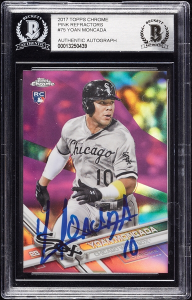 Yoan Moncada Signed 2017 Topps Chrome Pink Refractors RC No. 75 (BAS)