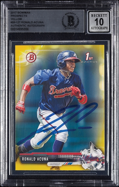 Ronald Acuna Signed 2017 Bowman Prospects Yellow RC No. 127 (Graded BAS 10)