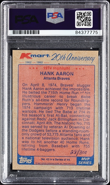 Hank Aaron Signed 1992 Topps Kmart No. 43 (28/300) (PSA/DNA)