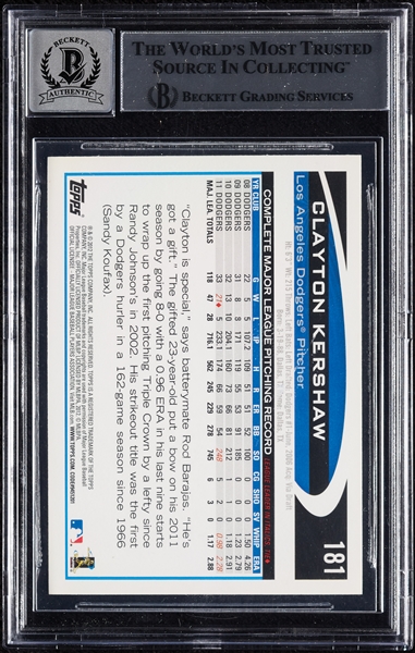 Clayton Kershaw Signed 2012 Topps Opening Day No. 181 (Graded BAS 10)