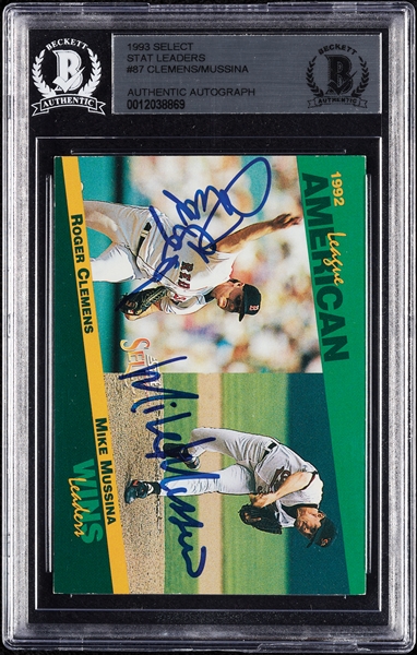 Roger Clemens & Mike Mussina Signed 1993 Select Stat Leaders No. 87 (BAS)