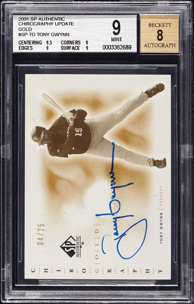 Tony Gwynn Signed 2001 SP Authentic Chirography Update Gold (4/25) BGS 9 (AUTO 8)