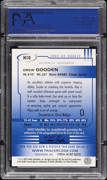 Drew Gooden Signed 2002 SAGE HIT Autograph Gold No. H10 (204/250) PSA 8