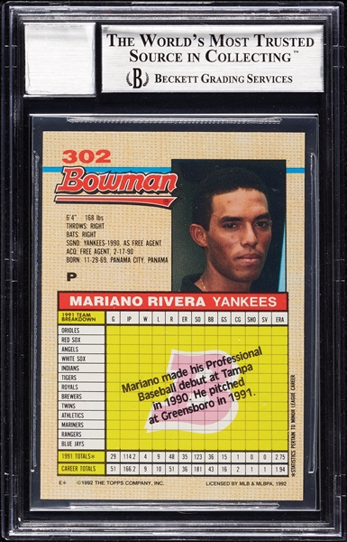 Mariano Rivera Signed 1992 Bowman RC No. 302 (Graded BAS 10)
