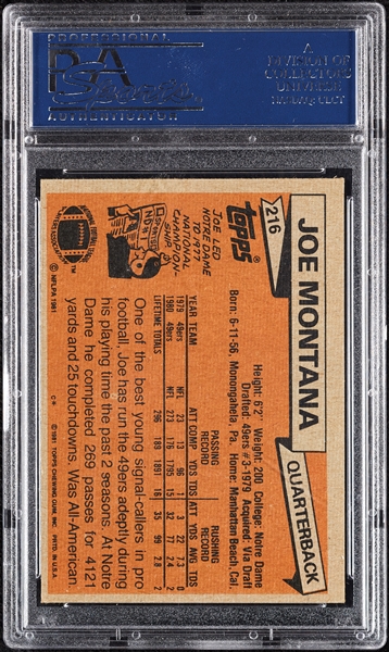 Joe Montana Signed 1981 Topps RC No. 216 (Graded PSA/DNA 10)