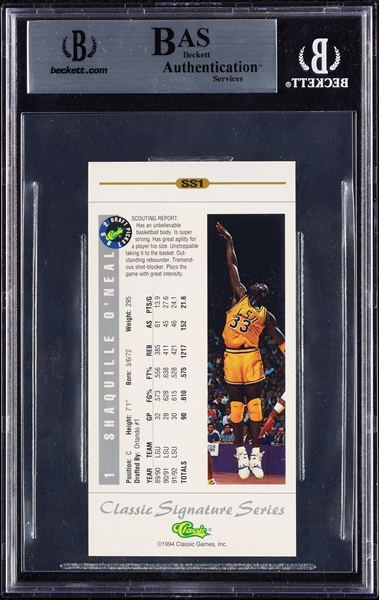Shaquille O'Neal Signed 1994 Classic Signature Series No. SS1 (BAS)