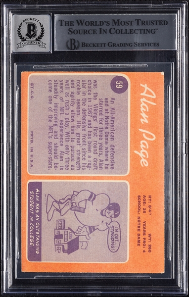 Alan Page Signed 1970 Topps RC No. 59 (Graded BAS 10)