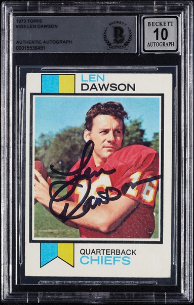 Len Dawson Signed 1973 Topps No. 335 (Graded BAS 10)