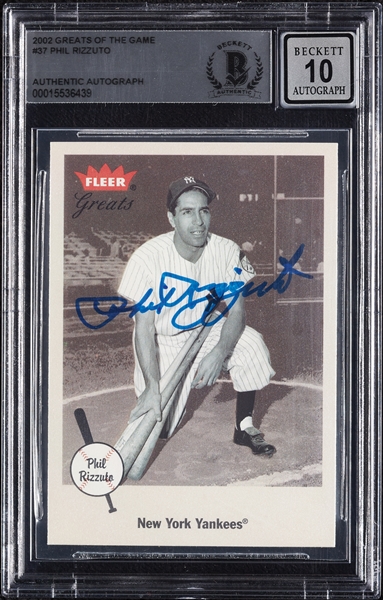 Phil Rizzuto Signed 2002 Fleer Greats of the Game No. 37 (Graded BAS 10)