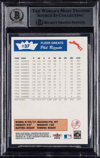 Phil Rizzuto Signed 2002 Fleer Greats of the Game No. 37 (Graded BAS 10)