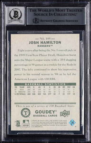 Josh Hamilton Signed 2009 Upper Deck Goudey No. 189 (Graded BAS 10)