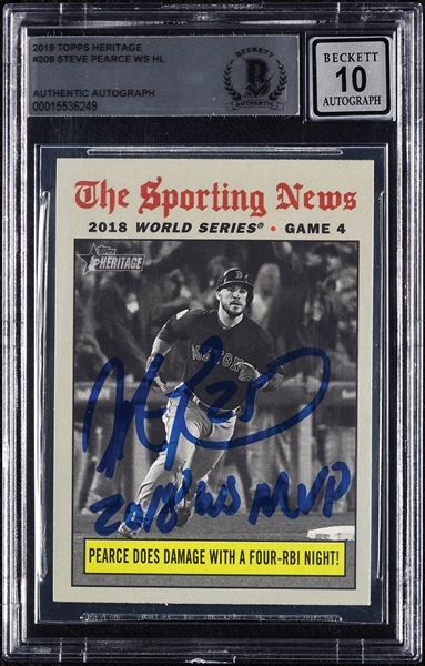 Steve Pearce Signed 2019 Topps Heritage WS HL No. 308 (Graded BAS 10)