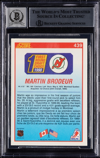 Martin Brodeur Signed 1990 Score Canadian RC No. 439 (Graded BAS 10)