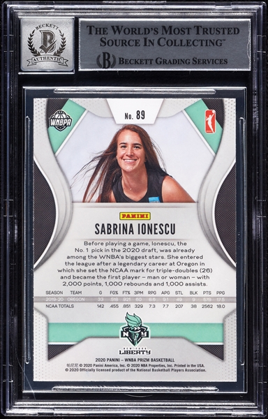 Sabrina Ionescu Signed 2020 Panini Prizm WNBA RC No. 89 (Graded BAS 10)