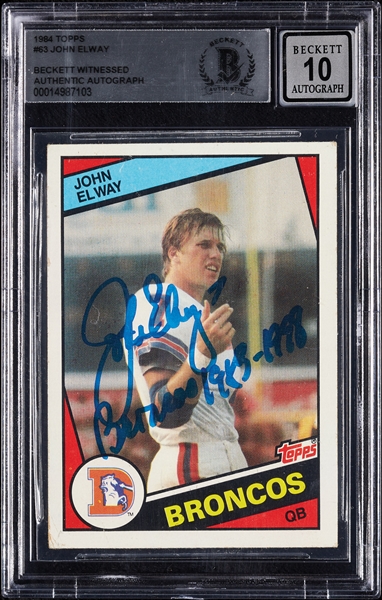 John Elway Signed 1984 Topps RC No. 63 (Graded BAS 10)