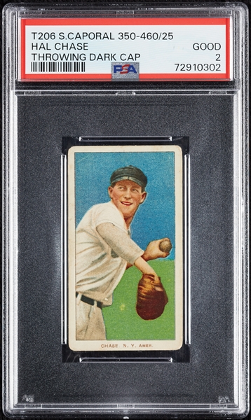 1909-11 T206 Hal Chase Throwing Dark Cap PSA 2