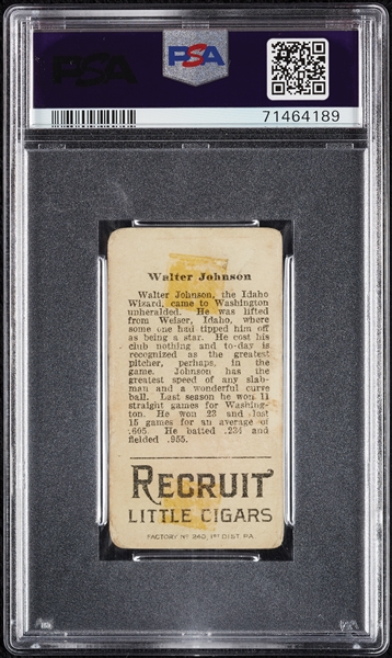 1912 T207 Brown Background Walter Johnson PSA 1