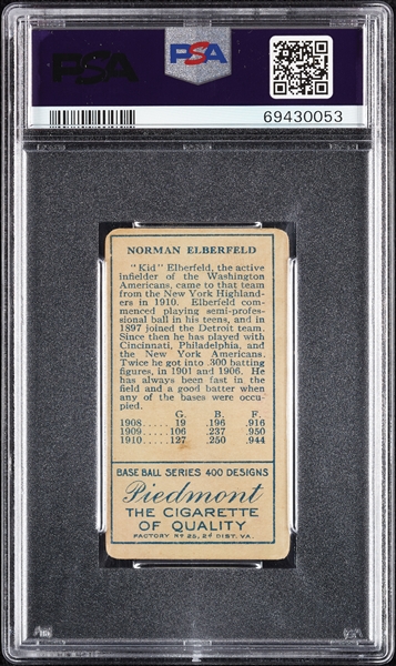 1911 T205 Gold Border Kid Elberfeld PSA 2