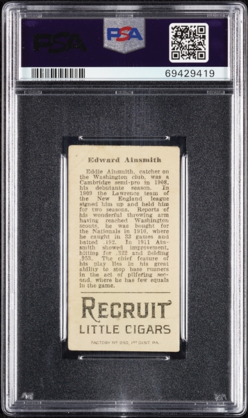 1912 T207 Brown Background Edward Ainsmith PSA 1