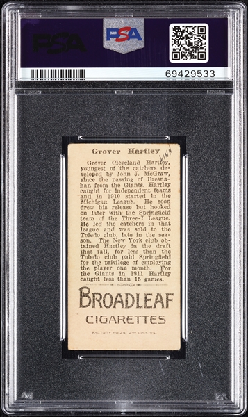 1912 T207 Brown Background Grover Hartley PSA 3 (MK)